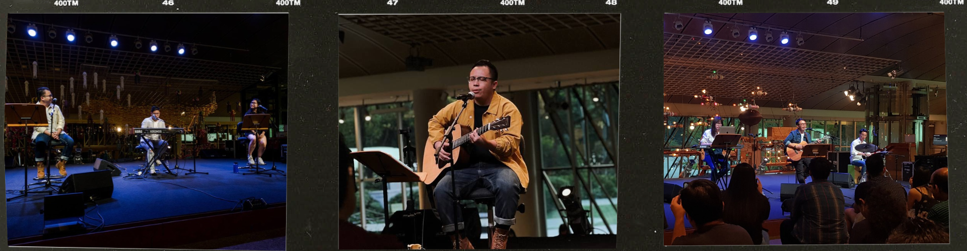 Three film frames of Yongkytown performing at Esplanade: a trio on a blue stage, a solo set in a mustard jacket, and a band in the Concourse